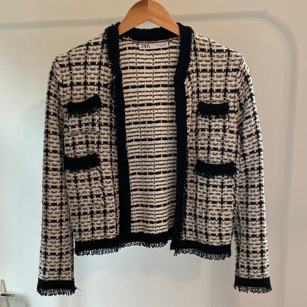 Zara Small Tweed Blazer with Beaded trim and pockets
